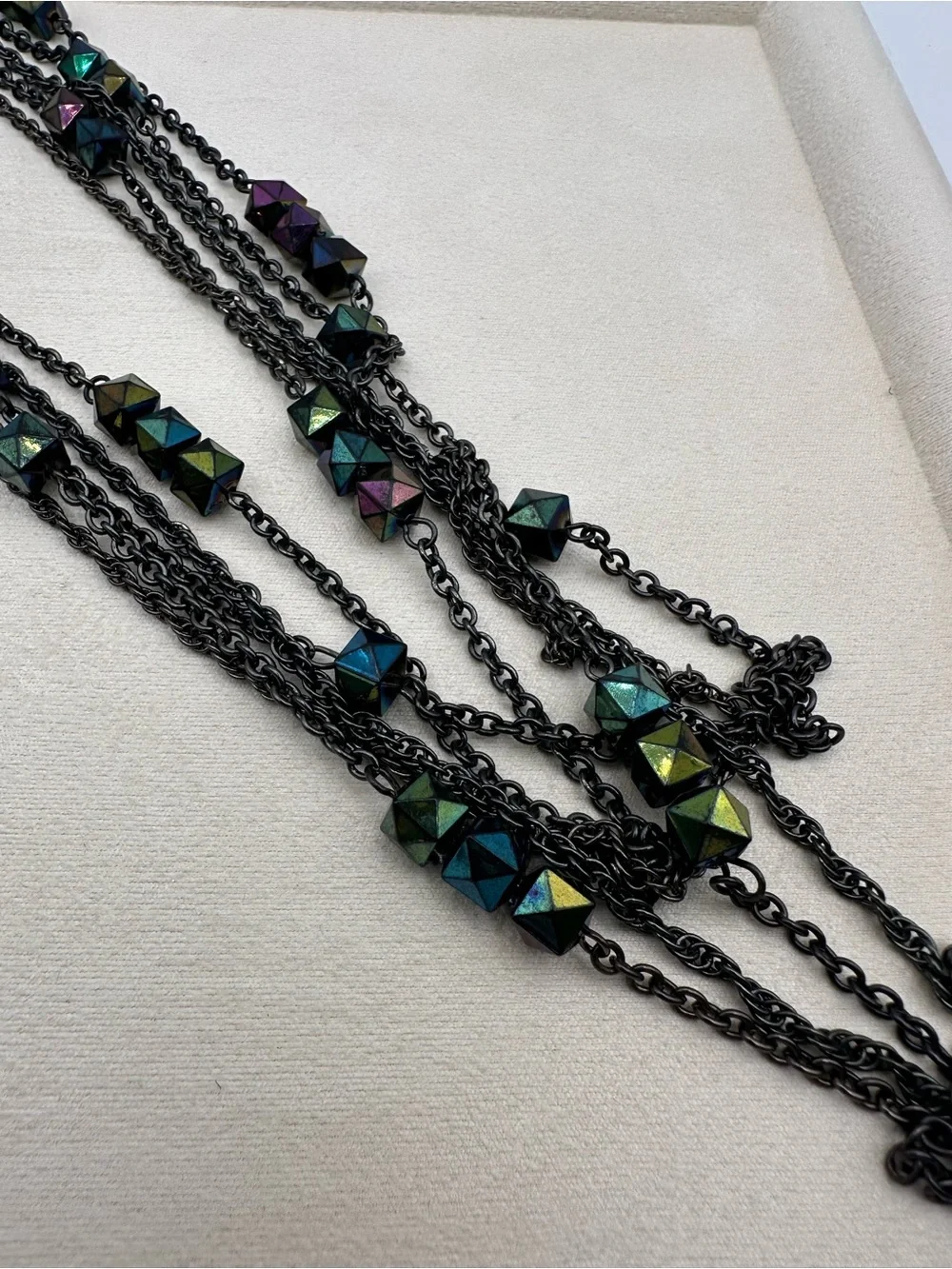 Black Multilayer Iridescent Geometric Bead Statement Necklace